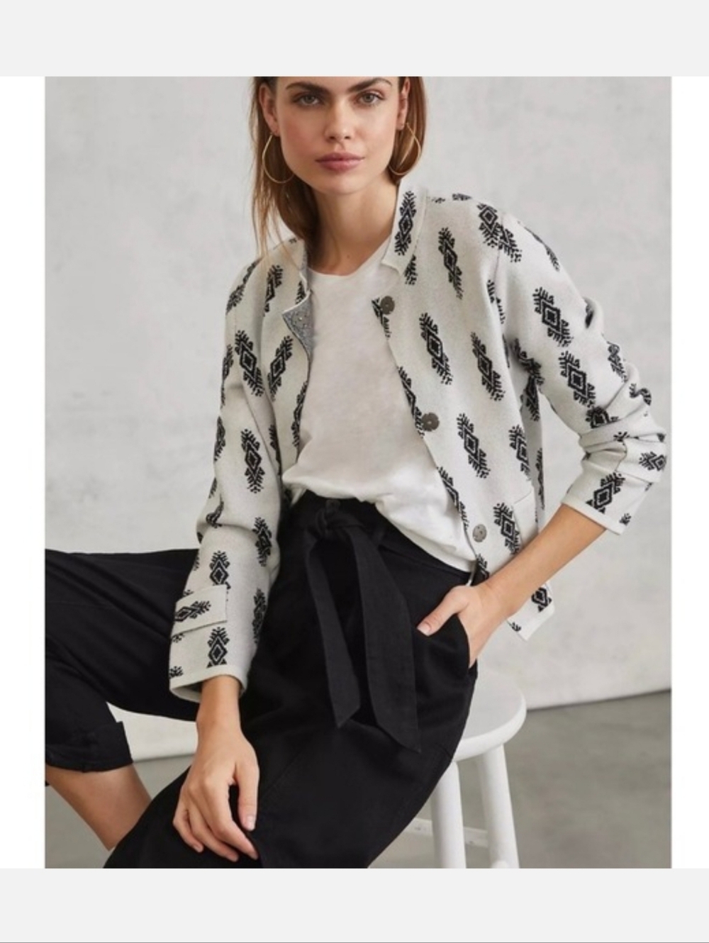 Anthropologie Pilcro Debra Knit Cardigan Sweater Jacket Black Cream Ikat Small